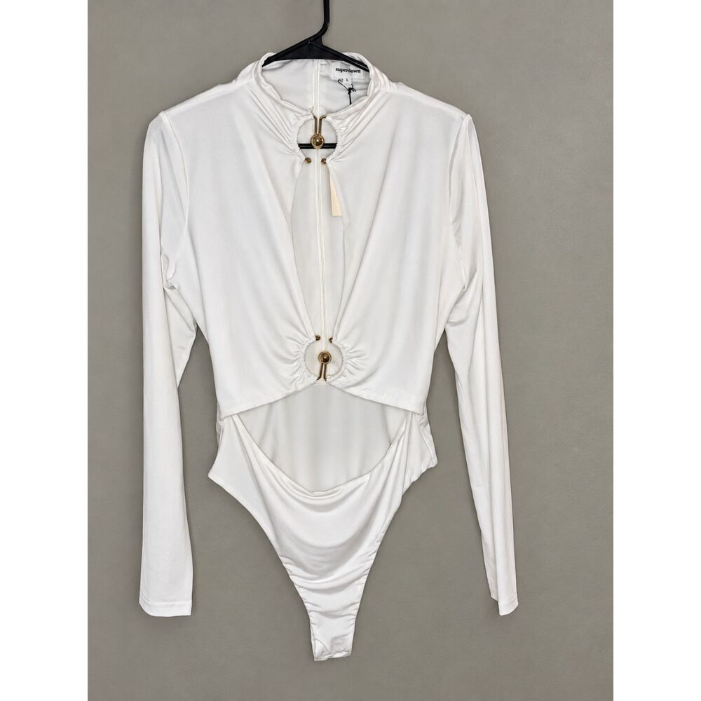 NWT Superdown Sarah Cut Out Top/Bodysuit Women's L White Gold Hardware